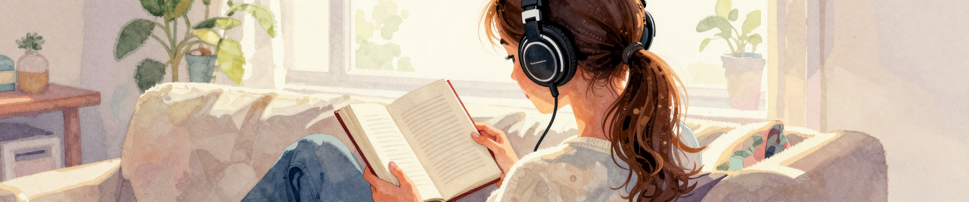 Eine junge Dame sitzt auf einem Sofa, hat Kopfhörer auf und liest in einem Buch.