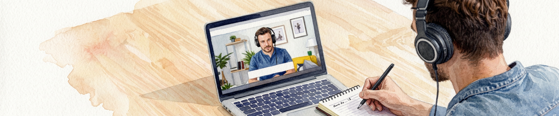 Ein Mann mit einem Kopfhörer, der an einem Online-Seminar teilnimmt.
